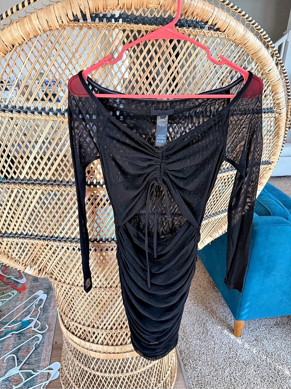 Hours Ruched Mesh Mini Dress in Black Size Medium Like New
